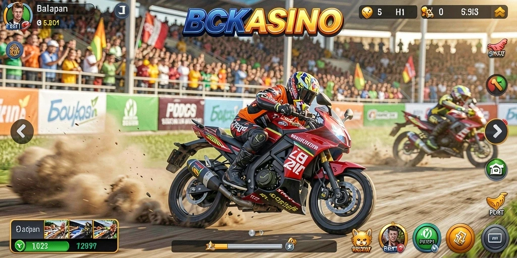 Screenshot gameplay BCKASINO yang menampilkan balapan motor seru.