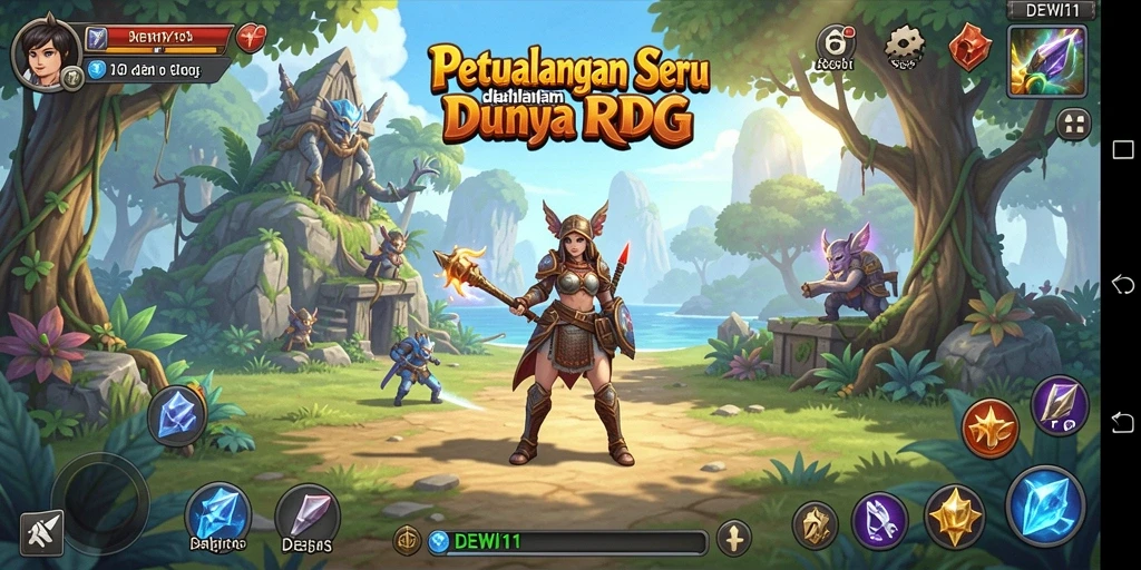 Screenshot DEWI11 menampilkan karakter melawan monster dalam pertempuran RPG.