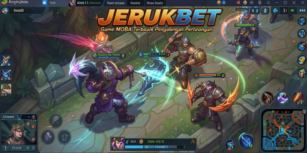 Screenshot utama JERUKBET menampilkan aksi gameplay MOBA yang seru.